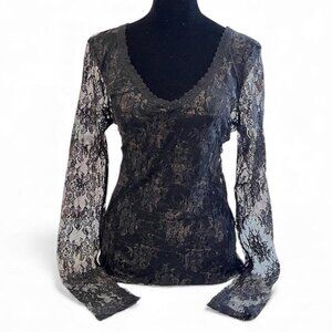 y2k vintage black sheer floral lace gold accent long sleeve top size medium